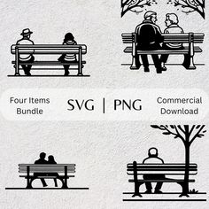 four different silhouettes of people sitting on park benches and talking to each other, with the text svg png