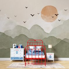 a bedroom with mountains and birds painted on the wall, along with a red metal bed frame