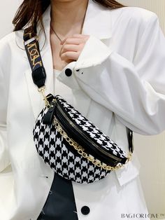 BagForLove - Houndstooth Waist Bag with Chain Decoration - Sleek & Stylish Trendy Houndstooth Shoulder Bag, Casual Black Bag With Chain Detail, Casual Black Bag With Chain, Black Houndstooth Pattern Bag, Chic Black Bag With Houndstooth Pattern, Casual Black Bag With Chain Strap, Chic Black Houndstooth Pattern Bag, Houndstooth Bag, Bag With Chain