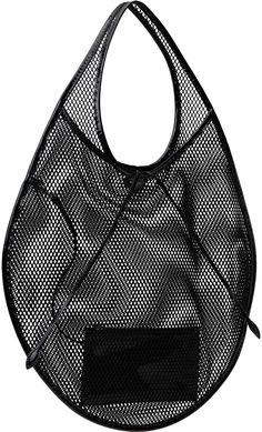 Nylon fishnet and patent calfskin shoulder bag in black. · Integrated shoulder strap · Logo stamp at face · Self-tie drawstring closure · Detachable patent calfskin zip pouch at interior · H16 x W17 · Total height: H26 Supplier color: Noir Mesh Shoulder Bag For Shopping, Shopping Shoulder Bag With Mesh Lining, Black Mesh Bags For Daily Use, Black Mesh Bag For Daily Use, Mesh Tote Bag For Shopping, Black Mesh Bags, Black Mesh Shoulder Bag For Travel, Shopping Tote Shoulder Bag With Mesh Lining, Mesh Tote Shoulder Bag With Mesh Lining