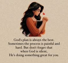 a woman holding a book in her hands with the words god's plan is always the best