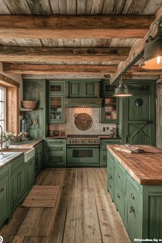 a rustic kitchen with green cabinets and wood flooring is pictured in this image taken from the inside