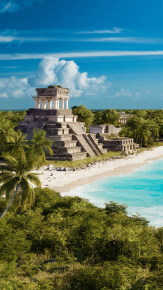 an ancient temple on the beach surrounded by palm trees and blue water with white clouds in the background