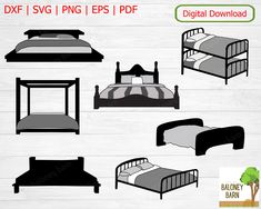 four different types of bed frames and mattresses on a white wooden background with text reading dxf svg png epss