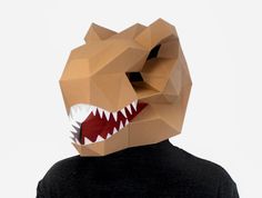 a man wearing a t - shirt with an origami dinosaur mask on his head