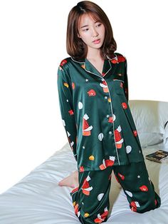 Buy More! Save More! Christmas Sleep Sets With Long Sleeves, Silk Pajamas Set, Green Bear, Bear Head, Silk Pajama Set, Casual Home, Anime Princess, Silk Pajamas, Pajamas Set