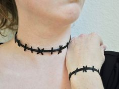 Stitched Neck Choker Stitched Wrist Bracelet Flexible 3D | Etsy Edgy Bracelets For Halloween Gift, Adjustable Black Rave Choker, Adjustable Black Rave Style Choker, Adjustable Emo Choker For Cosplay, Adjustable Halloween Choker Gift, Adjustable Halloween Choker, Handmade Adjustable Choker For Cosplay, Handmade Edgy Choker For Halloween, Adjustable Rave Choker As Gift