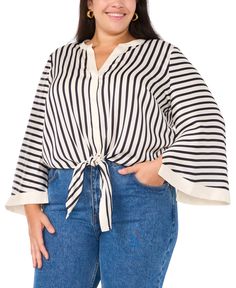 in stock Plus Size Top, Button Front Shirt, Wide Sleeves, Striped Blouse, Designer Wear, Fast Fashion, Vince Camuto, Shirts Tops, Sleeve Blouse