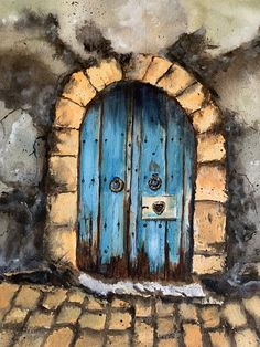 an artistic painting of a blue door in a stone wall