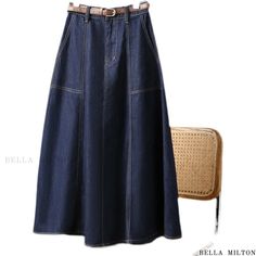 Bellamilton - High-Waisted Denim Midi Skirt in Classic Indigo - Fashionable, Flattering, and Comfortable Azul Indigo, High Waisted Denim Skirt, Bold Lettering, Long Denim Skirt, Blue Denim Skirt, Deep Indigo, Skirts Midi High Waisted, Dark Blue Denim, Denim Midi Skirt