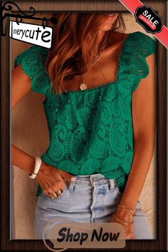 Green Lace Crochet Ruffled Square Neck Tank Top Spring Green Crochet Top With Short Sleeves, Green Short Sleeve Crochet Top For Spring, Green Crochet Top With Short Sleeves For Spring, Green Crochet Lace Tops For Spring, Green Sleeveless Crochet Lace Top, Green Casual Lace Top, Green Casual Blouse With Lace Top, Casual Green Crochet Lace Top, Square Neck Tank Top