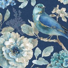 a blue bird sitting on top of a flowery branch with leaves and flowers around it