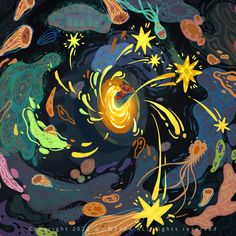 an abstract painting with stars and swirls