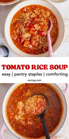 two bowls filled with tomato rice soup next to each other