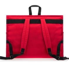 a red backpack with black straps on the front and side pockets, sitting against a white background