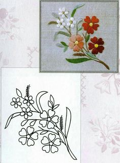 two pictures with flowers on them and one is in the process of being embroidered onto fabric