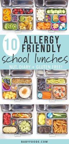 an organized lunch box with the words, allergy friendly school lunches in it