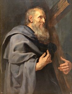 an old painting of a man holding a cross