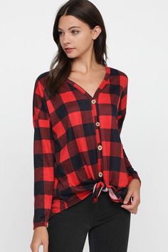 Long sleeve checkered hacci buttoned front top Fabric 96% Polyester 4% Spandex Made in the USA Model is wearing size small Button Front Top, Top Fabric, Made In The Usa, Women's Plaid Shirt, Red Color, Spandex, Size Small, Long Sleeve, Red