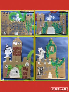 four different pictures of castle made out of construction paper and cardboard with ghost on it