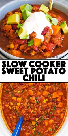 slow cooker sweet potato chili with avocado and sour cream