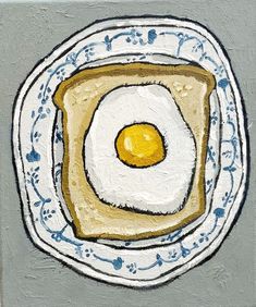 a painting of an egg in a toasted bread on a blue and white plate