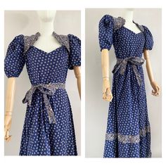 "Cute vintage 70s prairie dress in a size xs  Made from a blue cotton floral fabric with puff sleeves The dress closes at the back with a zipper and can be tied around the waist with two ribbons UK size: 6 (xs) - US: 4 EU: 34 Measurements measured flat: Pit to pit 43 cm - 16,8\" Waist: 34 cm - 13,4\" Length: 147 cm - 57,9\" Material: cotton 100% In perfect condition  This item has been washed and steamed so that there are no more unpleasant odors This item is vintage, which means 25 years or old 70s Prairie Dress, 70s Prairie, Prairie Dress, Floral Maxi, Floral Fabric, 25 Years, Vintage 70s, Puff Sleeves, Puff Sleeve