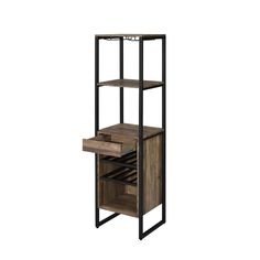 a wooden and metal shelving unit with drawers on one side, two shelves on the other