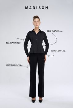 Noel Asmar Uniforms, the Madison in Black. Elegant Long Sleeve Dress Shirt With Button Closure, Elegant Business Blouse With Placket, Tailored Button-up Blouse For Business Casual, Fall Dress Shirt With Button Closure For Work, Solid Color Dress Shirt For Office In Fall, Solid Fall Dress Shirt For Office, Long Sleeve Dress Shirt With Placket For Work, Long Sleeve Dress Shirt For Workwear, Formal Long Sleeve Shirt With Button Closure