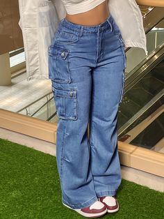 Stylish Vintage Chic Y2K Cargo Pants - High-Waisted, Wide-Leg, Pocketed, Comfortable, Casual, Street-Stylish Denim Trousers For The Curvaceous Woman Dark Wash Casual   Denim Plain Straight Leg Non-Stretch  Women Clothing, size features are:Bust: ,Length: ,Sleeve Length: Y2k Cargo Pants, Chic Y2k, Workwear Jeans, Fleece Tights, Jean Large, Pantalon Large, Women Denim Jeans, Denim Trousers, Street Chic