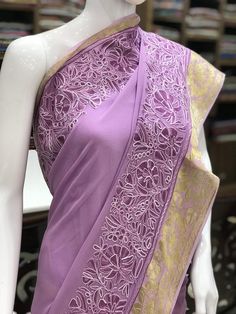 Viscose Georgette Aari Embroidered Kashmiri Saree Women Embroidered Purple Georgette Pre-draped Saree, Elegant Embroidered Art Silk Pre-draped Saree, Elegant Embroidered Pre-draped Georgette Saree, Purple Pre-draped Saree For Wedding And Eid, Chanderi Pre-draped Saree With Intricate Embroidery, Eid Georgette Pre-draped Saree With Intricate Embroidery, Fitted Pre-draped Saree With Chikankari Embroidery, Fitted Cotton Silk Pre-draped Saree For Wedding, Traditional Party Pre-draped Saree In Chanderi