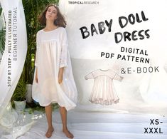 a woman standing in front of a baby doll dress with the words, baby doll dress digital pattern and e - book