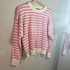 Nwt J. Crew Super Soft Cozy Pink Cream Striped Sweater Sz Xxs Oversized Slouchy 80’s Sailor Stripes Preppy Crop Long Sleeves Crew Neck Stretchy Resort Travel Beach Spring Summer Garden Baby Party Fun And Functional Oversized Pink Crew Neck Sweater, Oversized Long Sleeve Pink Sweater, Pink Oversized Long Sleeve Sweater, Oversized Pink Long Sleeve Sweater, Pink Relaxed Fit Sweater For Winter, Oversized Striped Soft Knit Top, Oversized Pink Winter Top, Winter Oversized Pink Top, Pink Oversized Casual Sweater