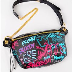 Brand New Black Graffiti Multicolor Waist Bag Trendy Black Shoulder Bag With Letter Print, Trendy Black Shoulder Bag For Streetwear, Edgy Black Belt Bag For Everyday Use, Edgy Black Belt Bag For Everyday, Black Bags With Graphic Print For Streetwear, Black Graphic Print Bags For Streetwear, Black Graphic Print Bag For Streetwear, Edgy Black Streetwear Bags, Trendy Multicolor Pouch Belt Bag