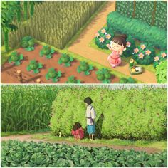 two different views of the same area with plants and people in it, one is looking at