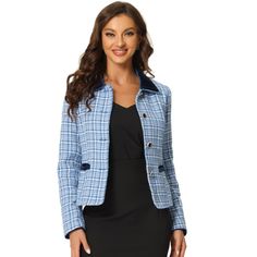 Retro and elegant, this blazer is styled with plaid tweed fabric. This vintage blazer designed with a velvet collar and a flap pocket, adds a touch of elegance to your wardrobe. Perfectly pair it with formal pencil skirts or long pants for a vintage and elegant look. A vintage but different stylish plaid tweed blazer is suitable for different occasions. Luxury Notch Lapel Tweed Jacket For Formal Occasions, Luxury Lapel Collar Tweed Jacket For Office, Luxury Classic Tweed Jacket With Notch Lapel, Luxury Houndstooth Tweed Jacket For Business Casual, Luxury Tweed Jacket For Office With Pressed Crease, Luxury Formal Tweed Jacket With Notch Lapel, Tweed Blazer Women Uk, Luxury Tweed Jacket With Lapel Collar And Button Cuffs, Luxury Spring Tweed Jacket For Office