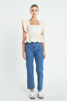 Glow up your wardrobe with this chic Square Neckline Ruffled Top. It features a square neckline sleeveless construction a peplum detail at the bottom and pleated ruffle shoulder for an edgy yet sophisticated look. Dress it up with heeled sandals for a night out or go casual with sneakers. It's perfect for any occasion making it a must-have item in your collection. Get this stylish top now and let it level up your wardrobe! Square neckline Sleeveless Bottom peplum detail Pleated ruffle shoulder Regular length Hand Wash Cold Do Not Bleach Do Not Tumble Dry Iron Low Shell: 75% Nylon 25% Spandex Contrast: 100% Cotton Exclusive of Elastic JJ2441T Total length: 21.75" Bust:33" Ruffle Tops, Stylish Top, Ruffled Top, Must Have Items, Square Necklines, Ruffle Top, Blouse Design, Heeled Sandals, Square Neckline