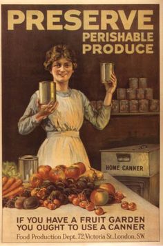 an advertisement for preserve is shown with a woman holding jars and fruit on the table