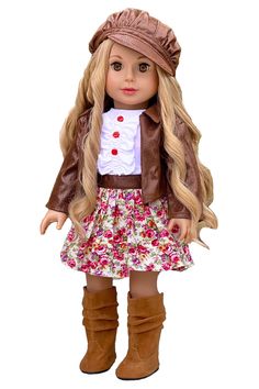 PRICES MAY VARY. Cotton, Faux leather Imported Brown faux leather motorcycle jacket with paperboy hat, pink flowery dress with white ruffled top and brown boots. 18 inch doll clothes Designed in the USA DOLL NOT INCLUDED U.S. CPSIA CHILDREN'S PRODUCTS SAFETY CERTIFIED 18 inch Doll Clothes American Girl Doll Outfits, Pink Flowery Dress, Paperboy Hat, American Girl Doll Costumes, Brown Motorcycle, Flowery Dress, Dress And Boots, Penny Board, Faux Leather Motorcycle Jacket