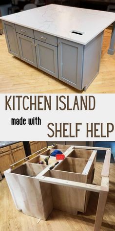 the kitchen island made with shelf help is shown in two different pictures and has been painted white