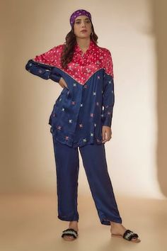 Blue and pink shirt in bandhani print panel with mirror work and beads embroidery all over. Paired with an embroidered side panel pant. - Aza Fashions Bandhani Print, Genelia D'souza, Sanya Malhotra, Rohit Bal, Pant Women, Beads Embroidery, Blue Mirror, Jacqueline Fernandez, Pant Sets