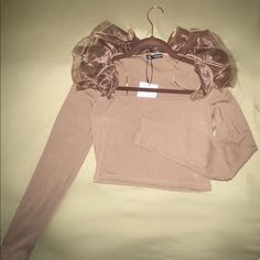 Brown Crop Top. Never Worn Trendy Beige Tops For Party, Trendy Beige Party Top, Fitted Beige Party Top, Beige Stretch Top For Party, Beige Tops For Night Out In Spring, Brown Long Sleeve Party Tops, Feminine Brown Tops For Fall, Cream Party Tops For Winter, Cream Winter Party Top