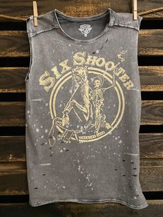 Country Deep Six Shooter Cowboy distressed acid wash with splatter detail muscle tank top available in faded black Graphic Muscle Tee Outfit, Elevated Tshirt, Distressed Tshirt Diy, Hoodie Design Ideas, Six Shooter, Ig Icon, Buckle Bunny, Washed Hoodie, Collection Aesthetic