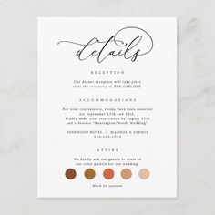 an elegant wedding reception card with the word details written in cursive ink on it