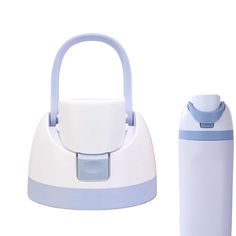 a white and blue electric toothbrush dispenser next to it's holder