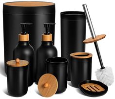 PRICES MAY VARY. Plastic 【Complete Black Bathroom Accessories Set(8 PCS) 】Keeps the bathroom both organized and adds an elegant high-end touch to it. It’s a stylish bathroom accessory set you can get! Set includes 2 pack black bathroom soap dispenser set, toothbrush holder, qtip and cotton ball holder, soap dish, toilet brush & holder, trash can. Using this COMPLETE black bathroom accessories sets complete, you need no others anymore! 【Ideal Decoration For Home】 8 Pcs matte black bathroom access Black Bathroom Sets, Bamboo Bathroom Accessories, Black Bathroom Accessories Set, Matte Black Bathroom Accessories, Pink Bathroom Accessories, Cotton Ball Holder, Black Bathroom Accessories, Matte Black Bathroom, Bathroom Accessories Set