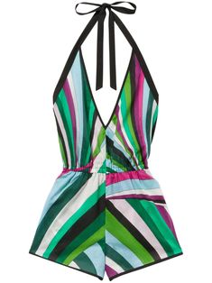 multicolour cotton abstract pattern print plunging V-neck halterneck tie fastening sleeveless thigh-length Pucci Pattern, Pucci Swimsuit, Pucci Swimwear, Emilio Pucci Pattern, Emilio Pucci Kaftan, Emilio Pucci 2022, Halter Neck Jumpsuit, Cotton Jumpsuit, Emilio Pucci