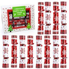 twelve christmas crackers in red and white packaging