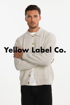 Our Yellow Label Co. styles are designed to fit true to size. With a drop shoulder and a roomier chest, our tops offer an effortlessly relaxed look. Yellow Label, Cardigan Design, Fitted Cardigan, Knit Denim, Stylish Mens Outfits, Denim Coat Jacket, Knit Sweatshirt, Fall Collection, Cashmere Cardigan