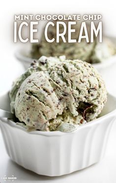 two bowls filled with ice cream on top of a white table next to the words mint chocolate chip ice cream